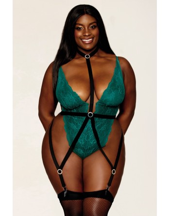 Body dentelle grande taille vert ouvert à l'entrejambe et harnais noir ajustable - DG13074PEA