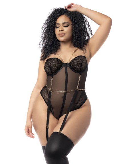 Body, grande taille, en résille transparente noire et jarretelles - MAL2727XBLK