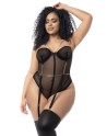 Body, grande taille, en résille transparente noire et jarretelles - MAL2727XBLK