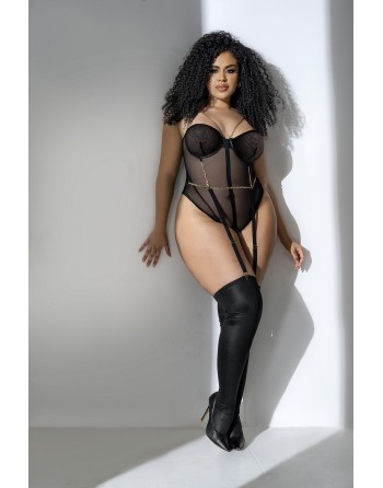 Body, grande taille, en résille transparente noire et jarretelles - MAL2727XBLK