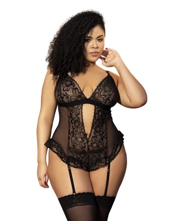 Body noir grande taille en dentelle et résille avec porte jarretelles - MAL8568XBLK