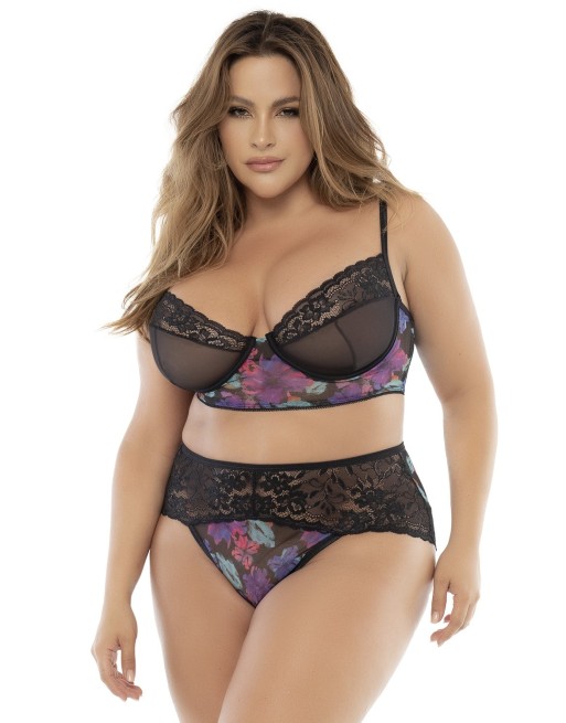 Ensemble lingerie noir, grande taille, deux pièces imprimé fleur exotique - MAL8774PRT