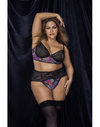 Ensemble lingerie noir, grande taille, deux pièces imprimé fleur exotique - MAL8774PRT