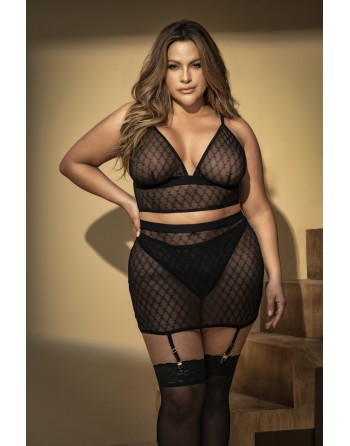 Soutien-gorge, string et jupe, grande taille, résille noire - MAL8776XBLK