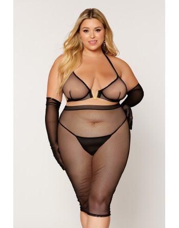 Ensemble 2 pièces grande taille, soutien gorge et jupe longue transparente noir - DG12770XBLK