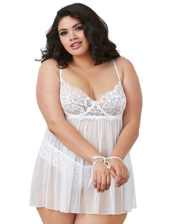 Nuisette en dentelle extensible blanche grande taille - DG11847XWHT