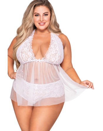 Babydoll grande taille dentelle et résille et string assorti - DG12190XWHT