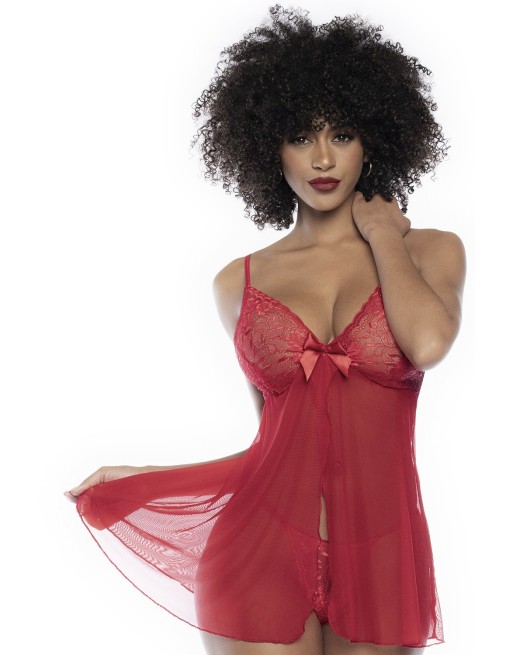 Babydoll en dentelle et résille rouge ouvert sur le devant - MAL7501RED