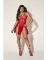 Nuisette dos nu en dentelle rouge et fine résille avec string assorti  - MAL7506RED