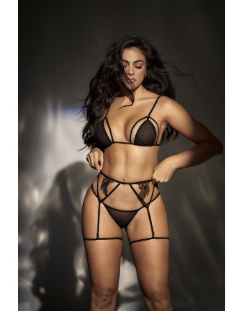 3 pièces de lingerie en résille noire - MAL8785BLK