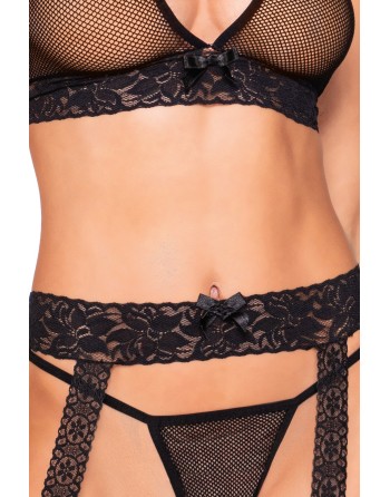 Ensemble sexy noir, trois pièces en résille et dentelle - DG0375BLK