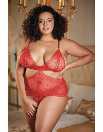 Nuisette dentelle rouge grande taille avec string ouvert ROSIE - 17-6002XR