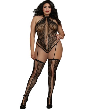 Combinaison Grande Taille dans un style Body string en dentelle avec des détails croisés - DG0329XBLK